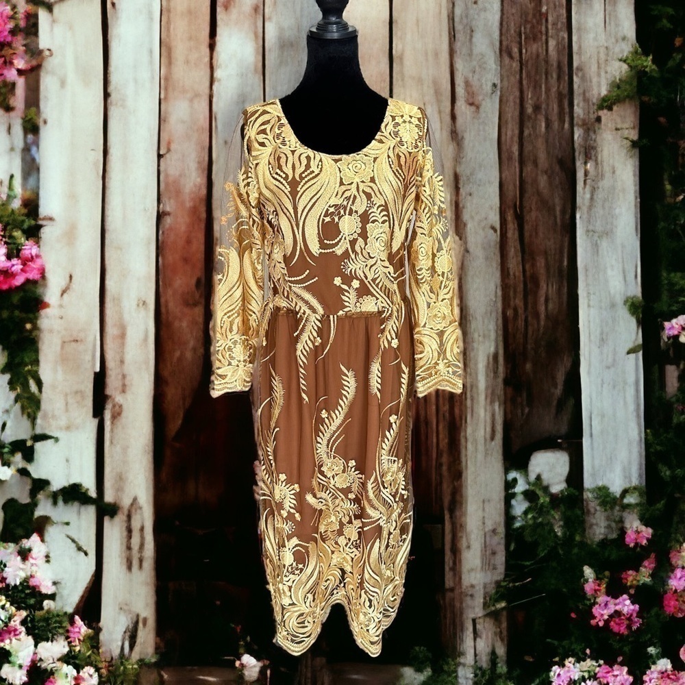 Custom Made Lace Tan & Gold Floral Dress Sun Goddess Cottagecore Apprx Sz L/XL - Picture 2 of 8